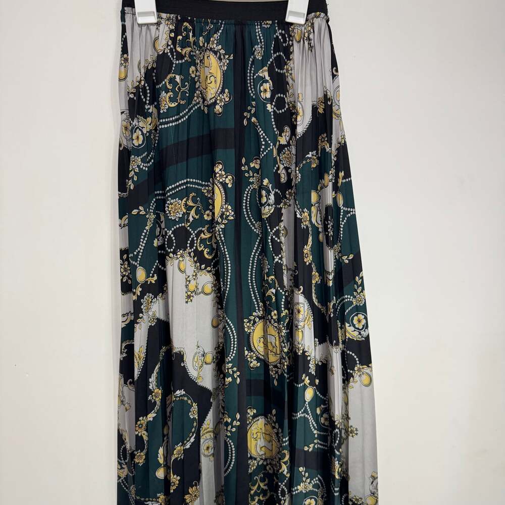 Baroque Print Pleated Midi Skirt - Emerald Green & Gold